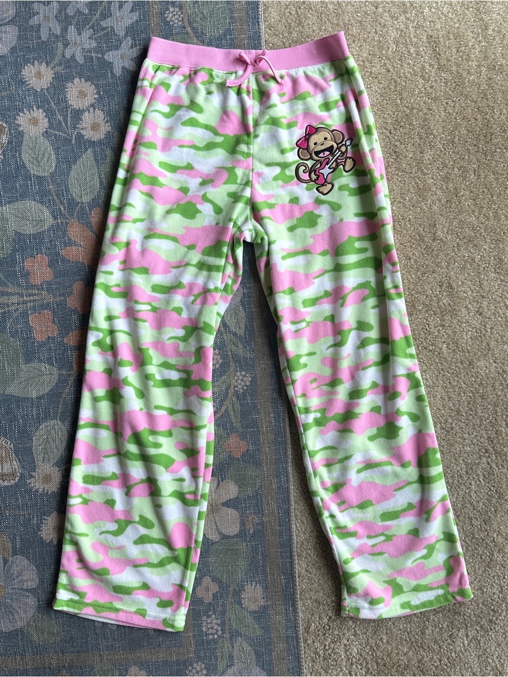 Girls' Pink & Green Camo Pajama Pants with Monkey Patch